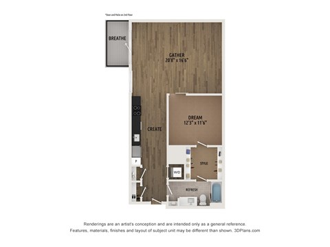 Floor plan for 1 bed, 1 bath, 864 sqft